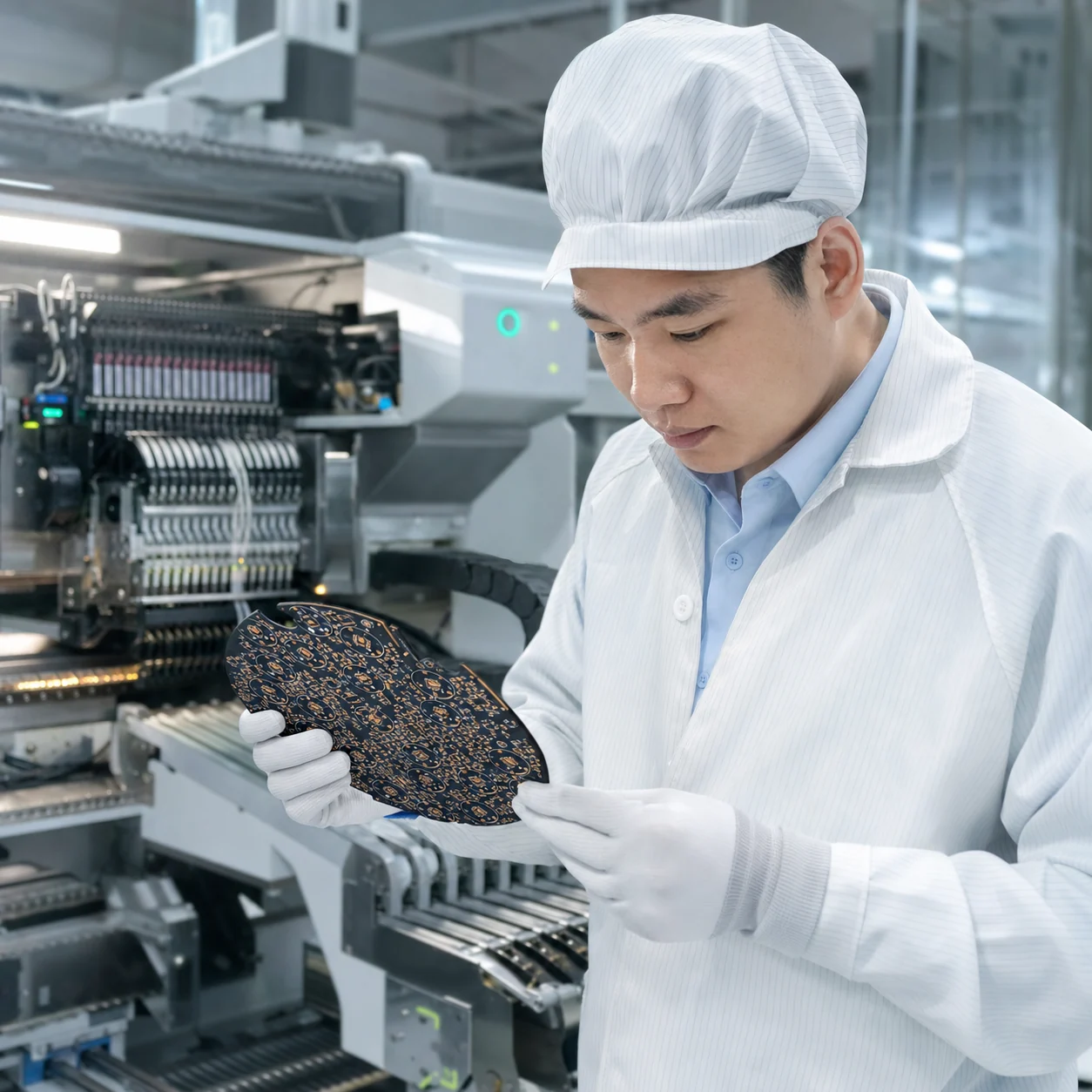 工程人员在 SMT 生产环境中检查金属基电路板