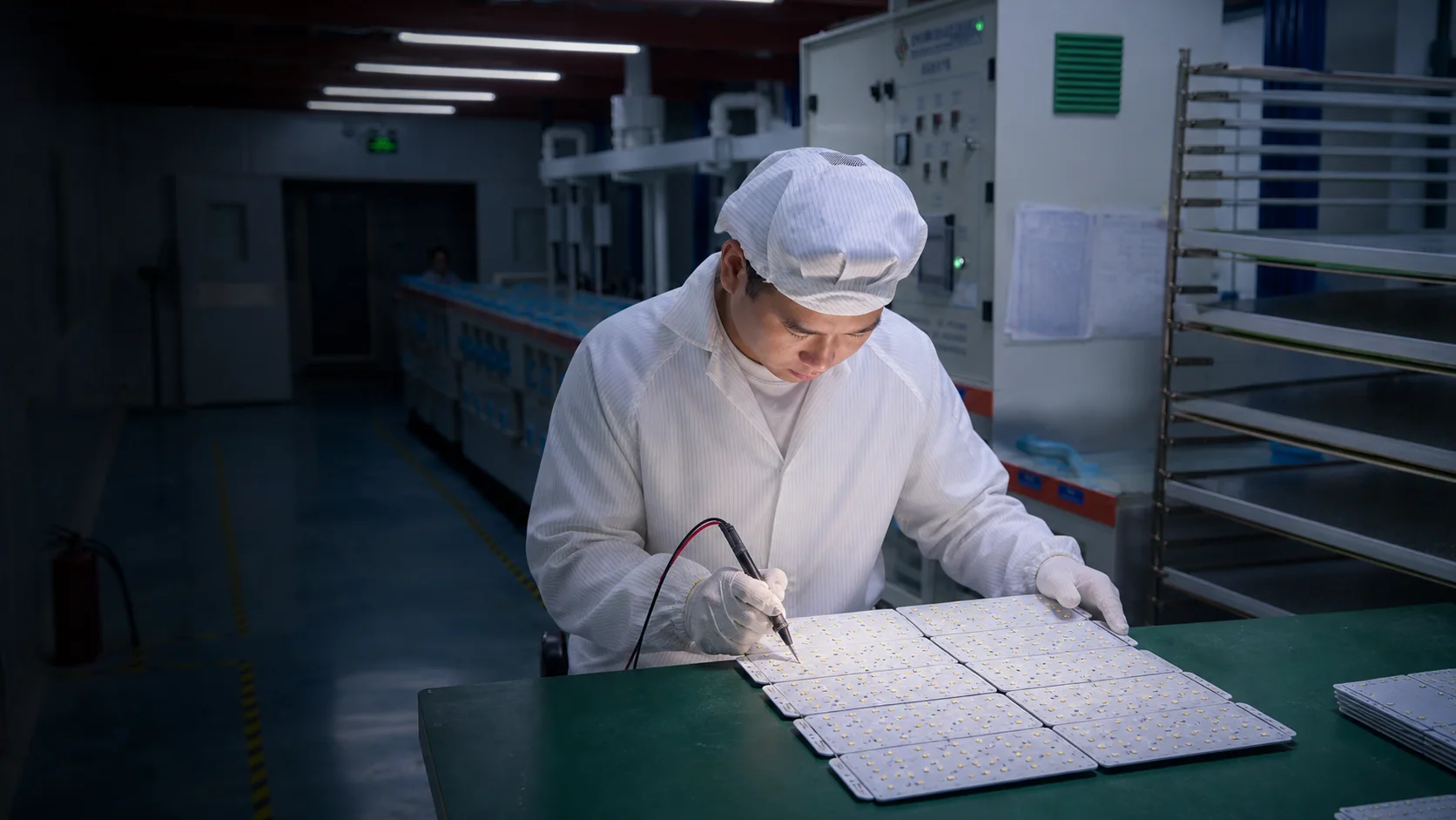 检验人员对 LED 电路板进行制程检查