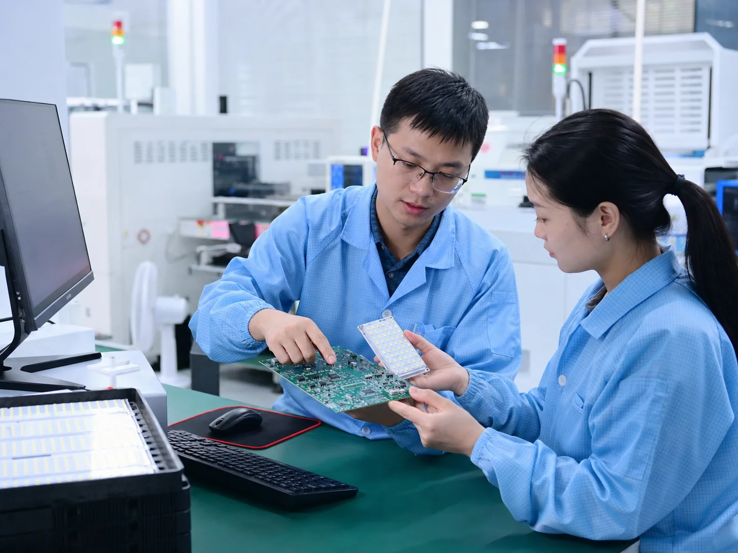 工程人员在洁净生产环境中评审电路板与 LED 模组